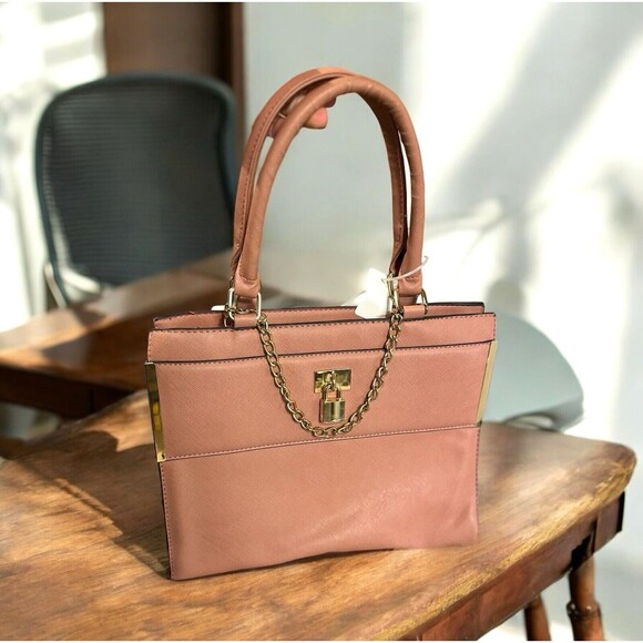 Pink top handle handbag unbranded gold tone accents zip close 10 x 12 inches - Picture 1 of 16